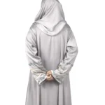Dove Petal dove grey abaya back view with delicately embroidered wide cuffs