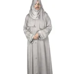 Dove Petal dove grey abaya front view with delicately embroidered wide cuffs