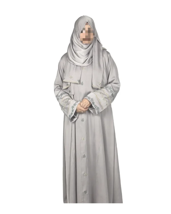 Dove Petal dove grey abaya front view with delicately embroidered wide cuffs