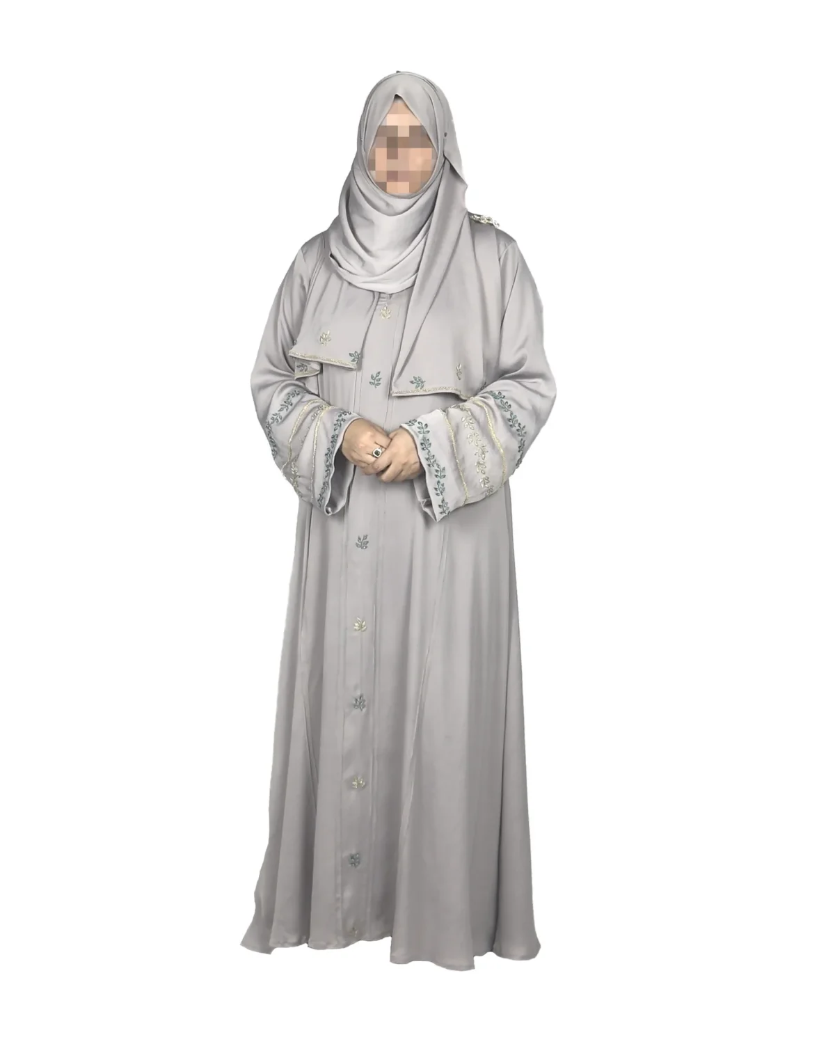 Dove Petal dove grey abaya front view with delicately embroidered wide cuffs