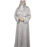 Dove Petal dove grey abaya front view with delicately embroidered wide cuffs