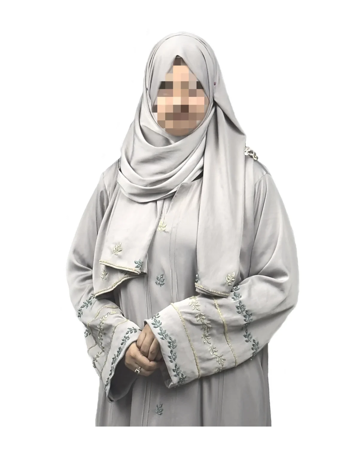 Dove Petal dove grey abaya front view with delicately embroidered wide cuffs