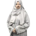 Dove Petal dove grey abaya front view with delicately embroidered wide cuffs