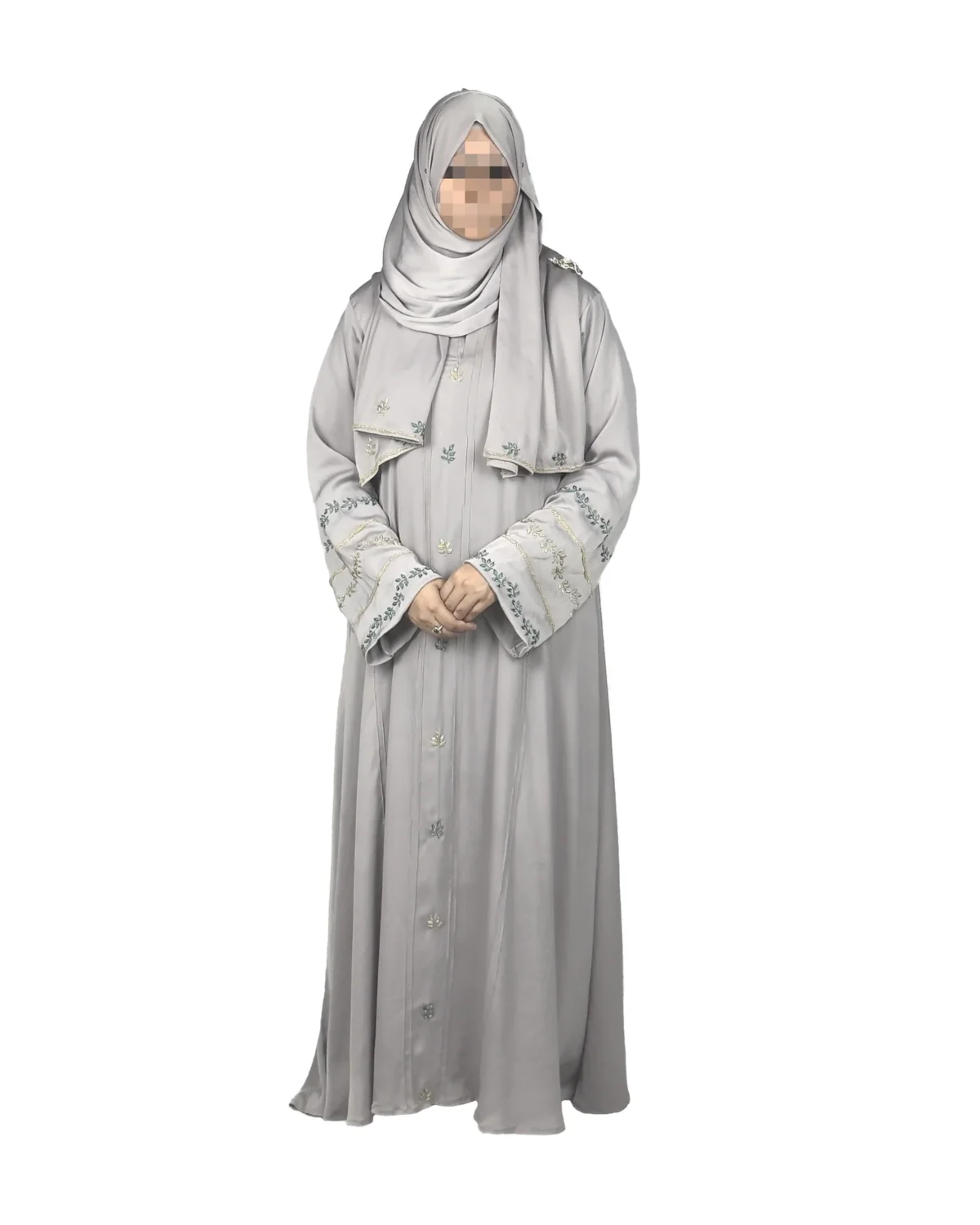Dove Petal dove grey abaya front view with delicately embroidered wide cuffs