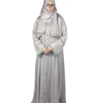 Dove Petal dove grey abaya front view with delicately embroidered wide cuffs