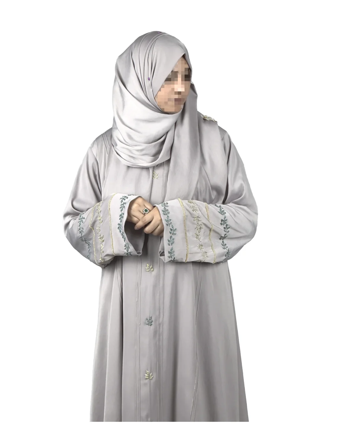 Dove Petal dove grey abaya front view with delicately embroidered wide cuffs