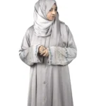 Dove Petal dove grey abaya front view with delicately embroidered wide cuffs