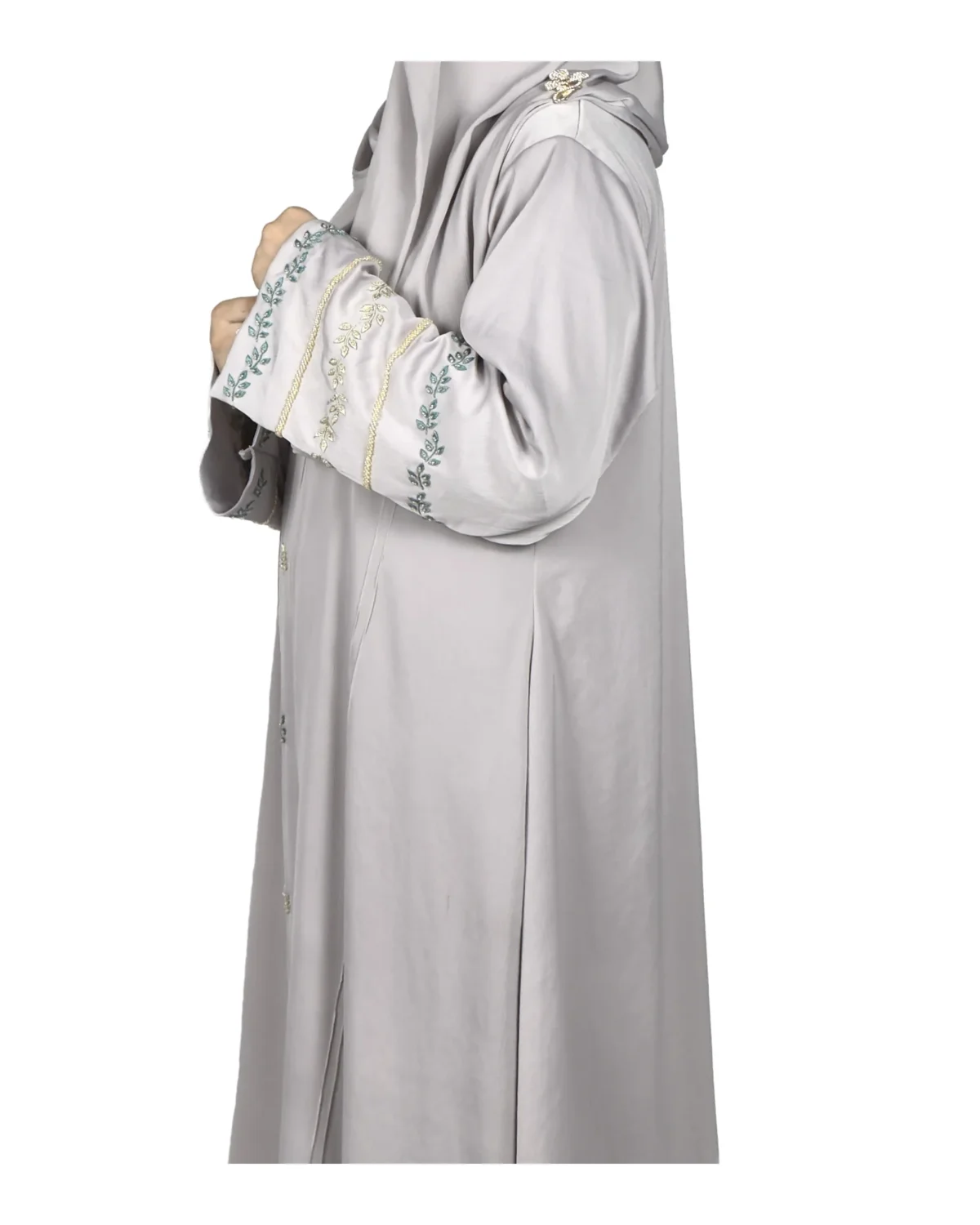 Dove Petal dove grey abaya side profile view with delicately embroidered wide cuffs
