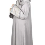 Dove Petal dove grey abaya side profile view with delicately embroidered wide cuffs