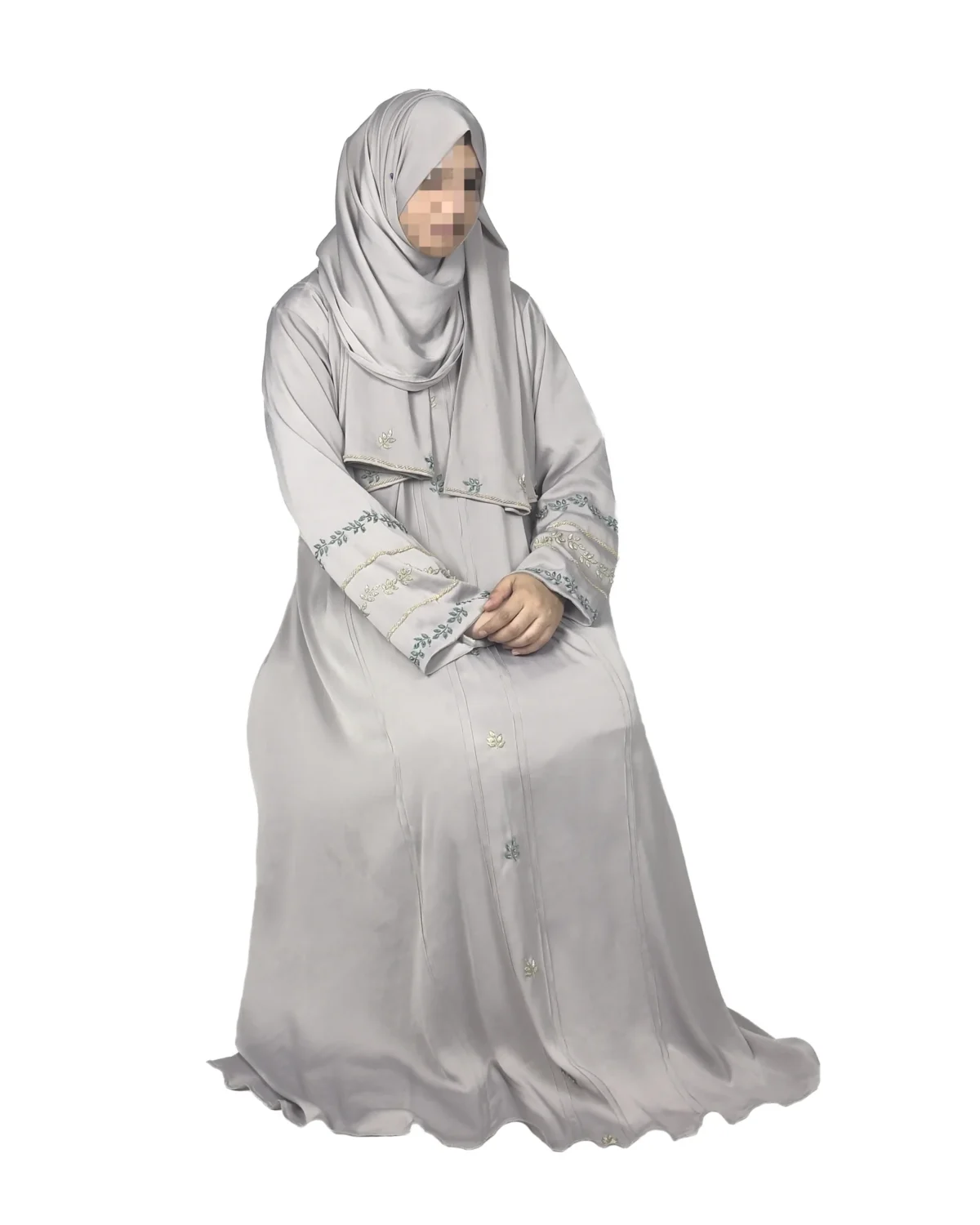 Dove Petal dove grey abaya front three-quarter view with delicately embroidered wide cuffs