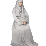 Dove Petal dove grey abaya front three-quarter view with delicately embroidered wide cuffs