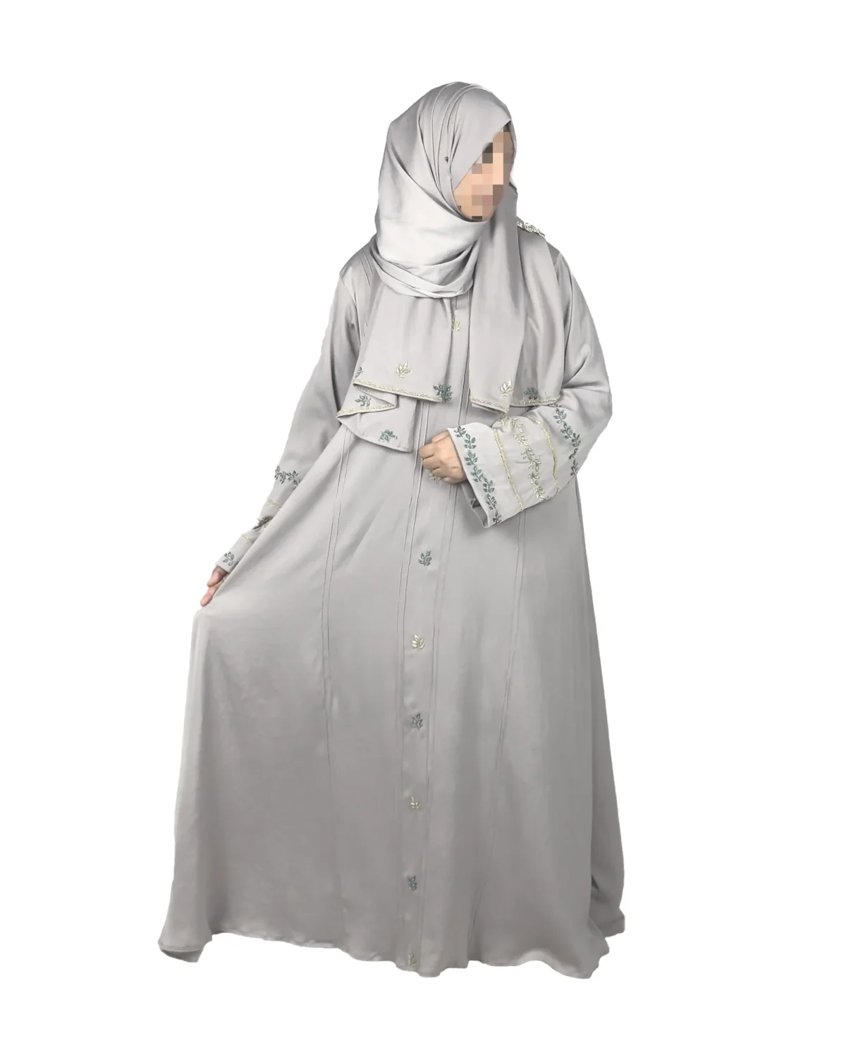 Dove Petal dove grey abaya front three-quarter view with delicately embroidered wide cuffs