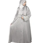 Dove Petal dove grey abaya front three-quarter view with delicately embroidered wide cuffs