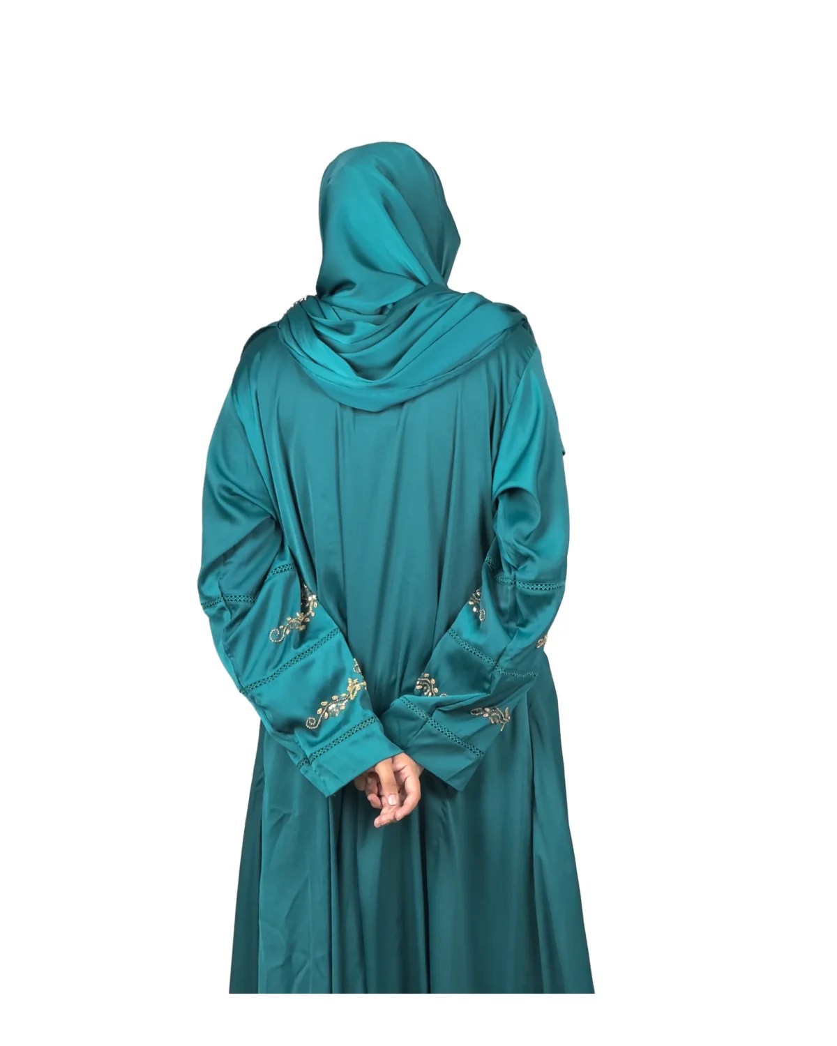 Emerald Garden emerald teal abaya back view with antique-gold floral sprays and pintuck detail