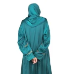 Emerald Garden emerald teal abaya back view with antique-gold floral sprays and pintuck detail