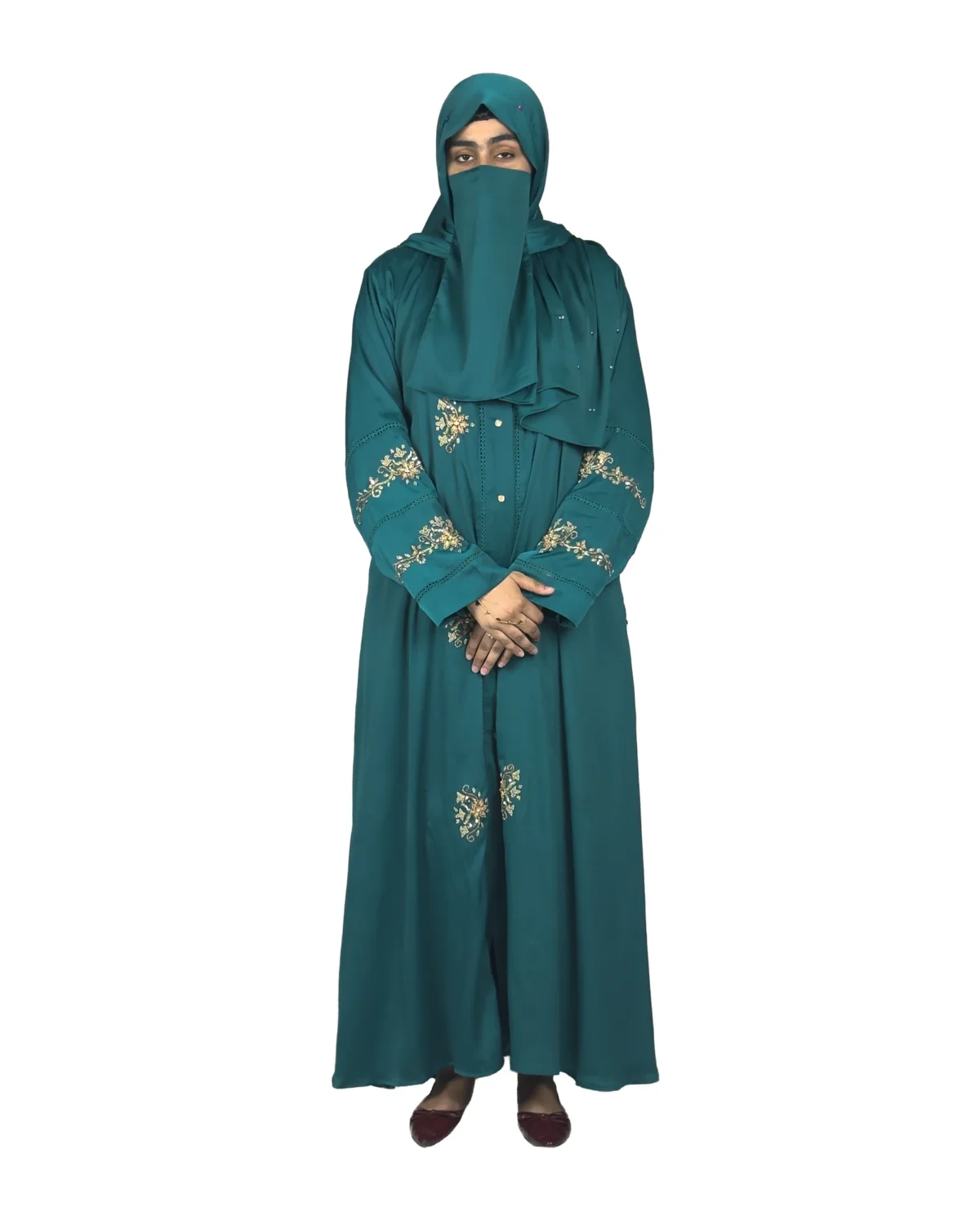 Emerald Garden emerald teal abaya front view with antique-gold floral sprays and pintuck detail