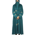 Emerald Garden emerald teal abaya front view with antique-gold floral sprays and pintuck detail