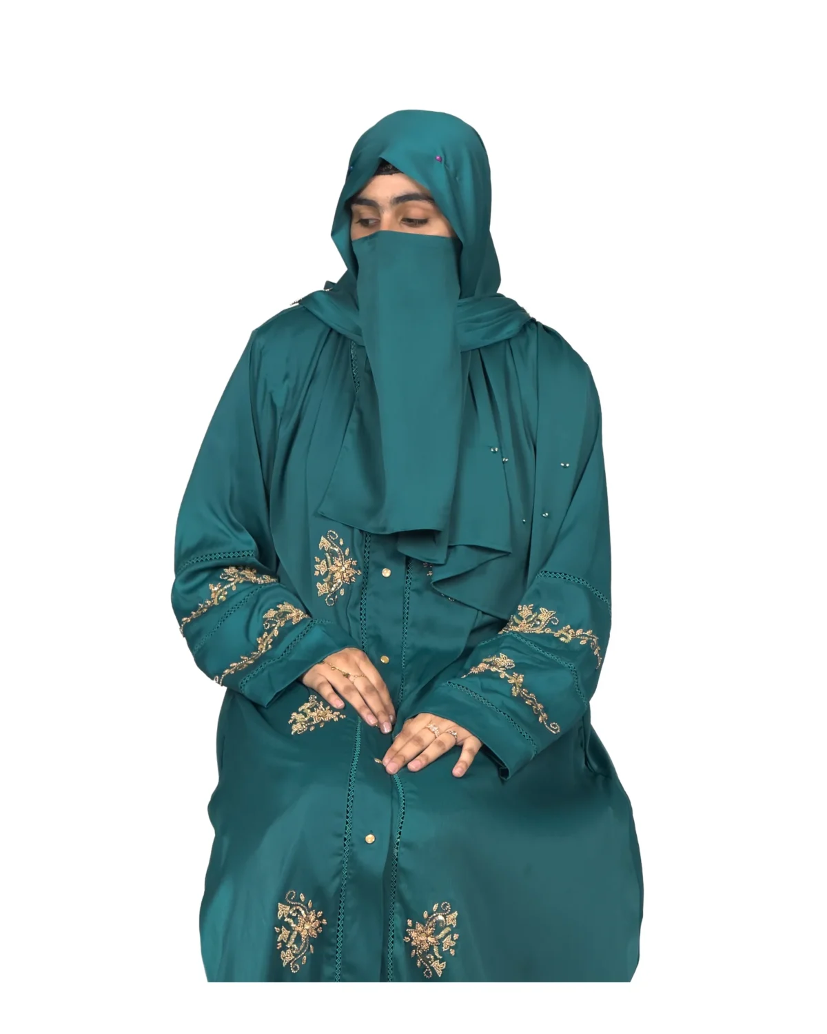 Emerald Garden emerald teal abaya front view with antique-gold floral sprays and pintuck detail