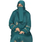 Emerald Garden emerald teal abaya front view with antique-gold floral sprays and pintuck detail