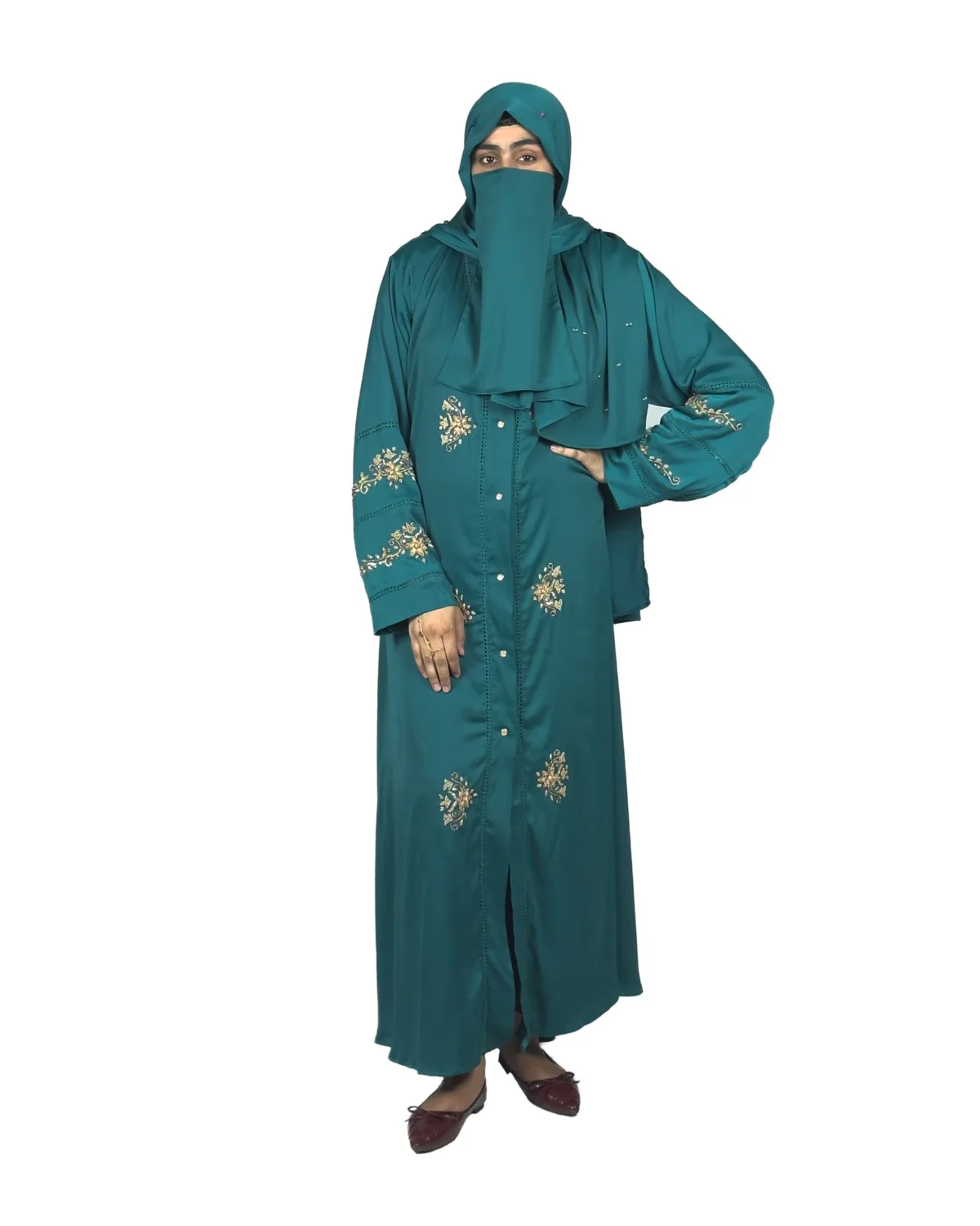 Emerald Garden emerald teal abaya front view with antique-gold floral sprays and pintuck detail