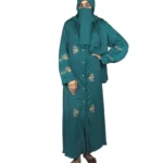 Emerald Garden emerald teal abaya front view with antique-gold floral sprays and pintuck detail