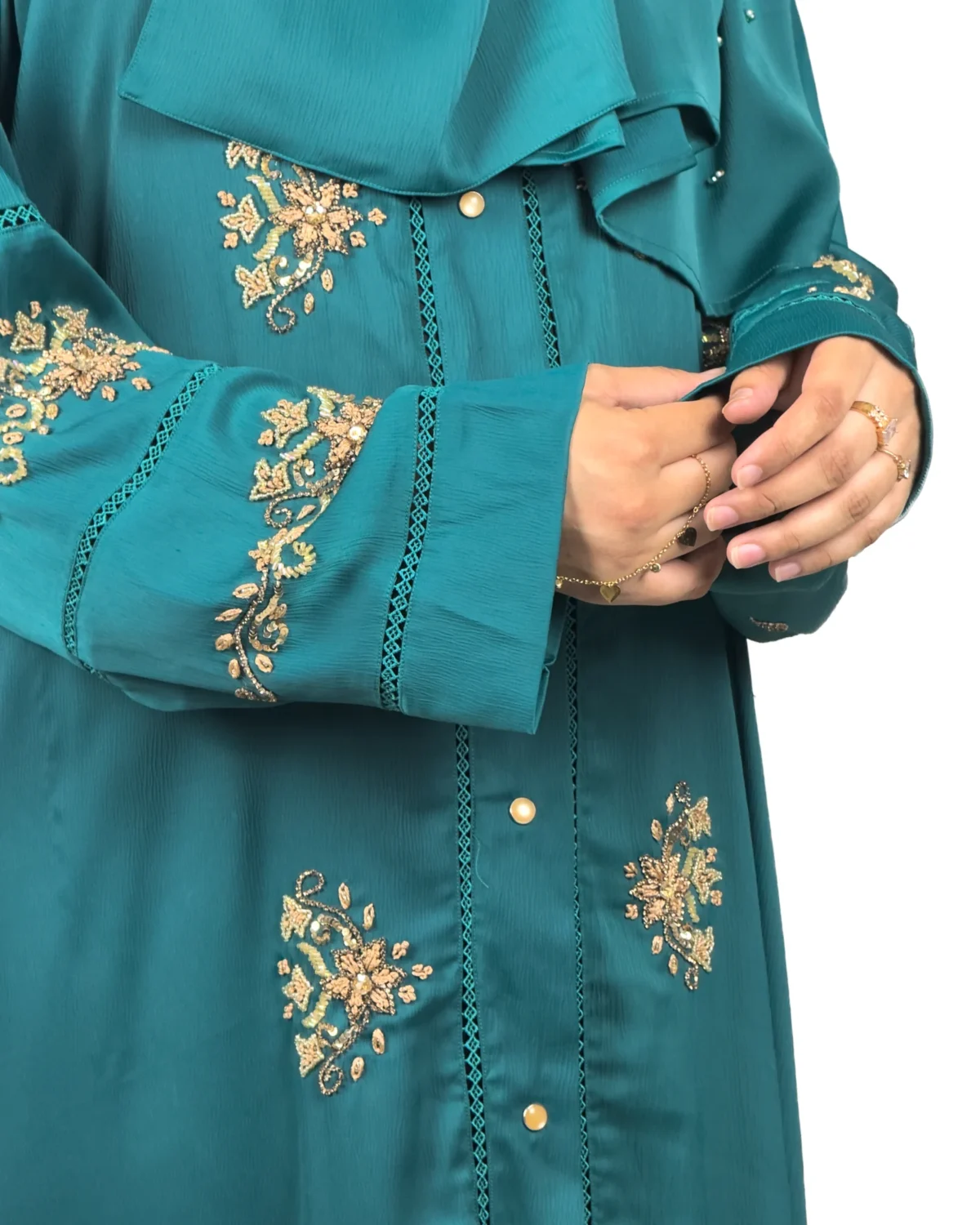 Emerald Garden emerald teal abaya close-up of the antique-gold floral spray embroidery
