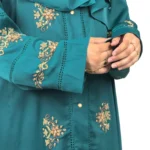 Emerald Garden emerald teal abaya close-up of the antique-gold floral spray embroidery