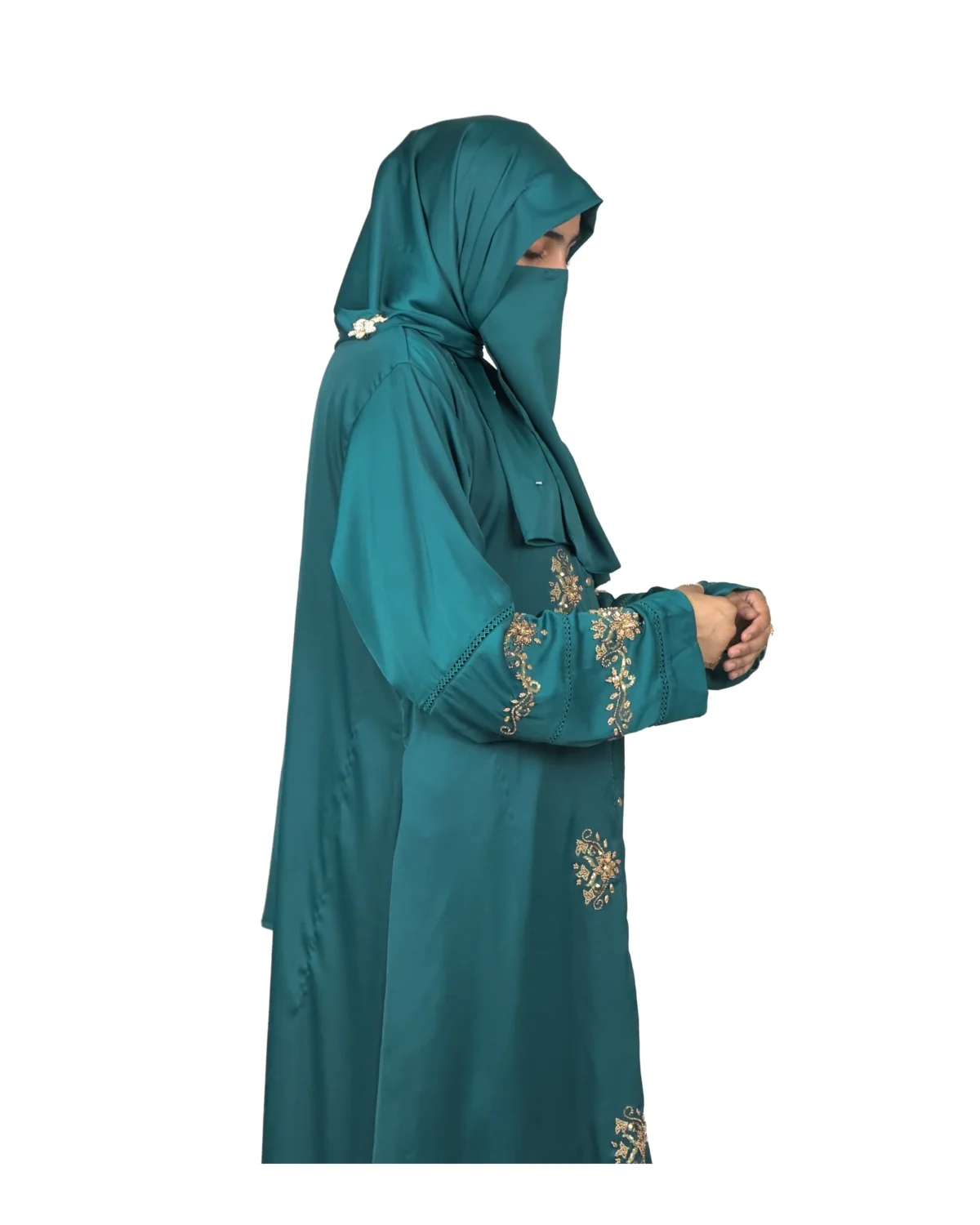 Emerald Garden emerald teal abaya side profile view with antique-gold floral sprays and pintuck detail