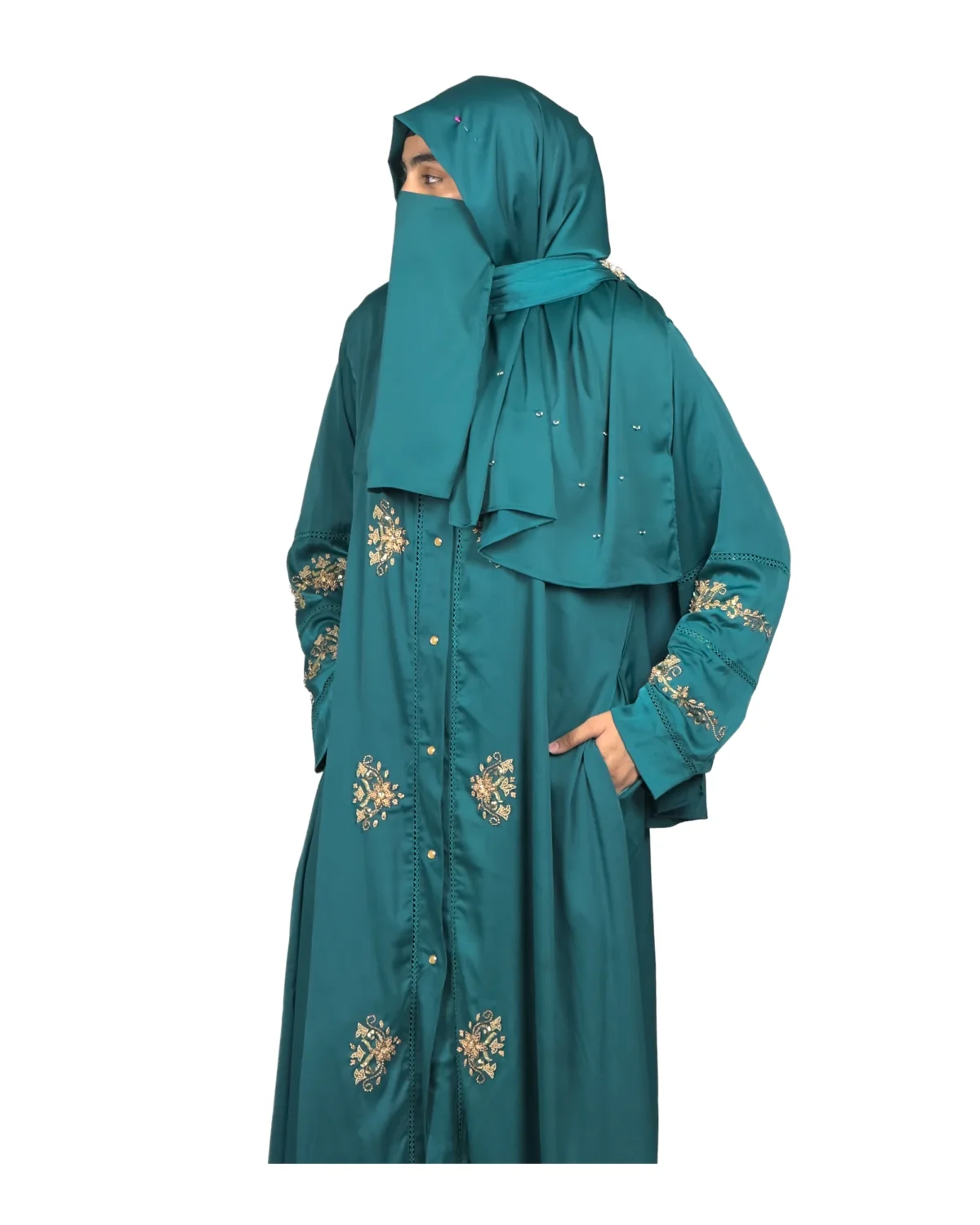 Emerald Garden emerald teal abaya front three-quarter view with antique-gold floral sprays and pintuck detail