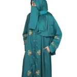 Emerald Garden emerald teal abaya front three-quarter view with antique-gold floral sprays and pintuck detail