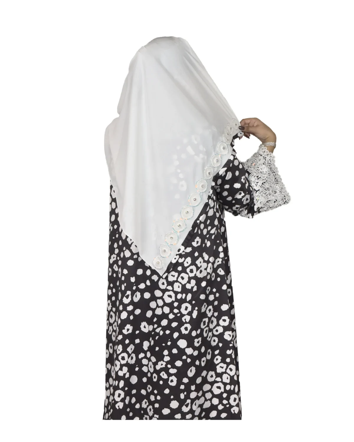 Frost Lace black & white abstract spot print abaya back view with black-and-white spot print with hand-embellished white lace cuffs