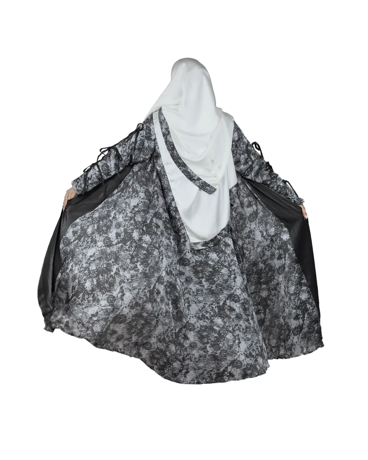 Marble Peacock black & white marble print with a white satin underlay abaya back view with marble-print open coat over a white satin slip