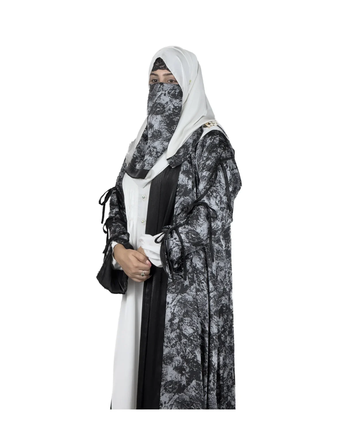 Marble Peacock black & white marble print with a white satin underlay abaya front view with marble-print open coat over a white satin slip
