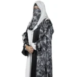 Marble Peacock black & white marble print with a white satin underlay abaya front view with marble-print open coat over a white satin slip