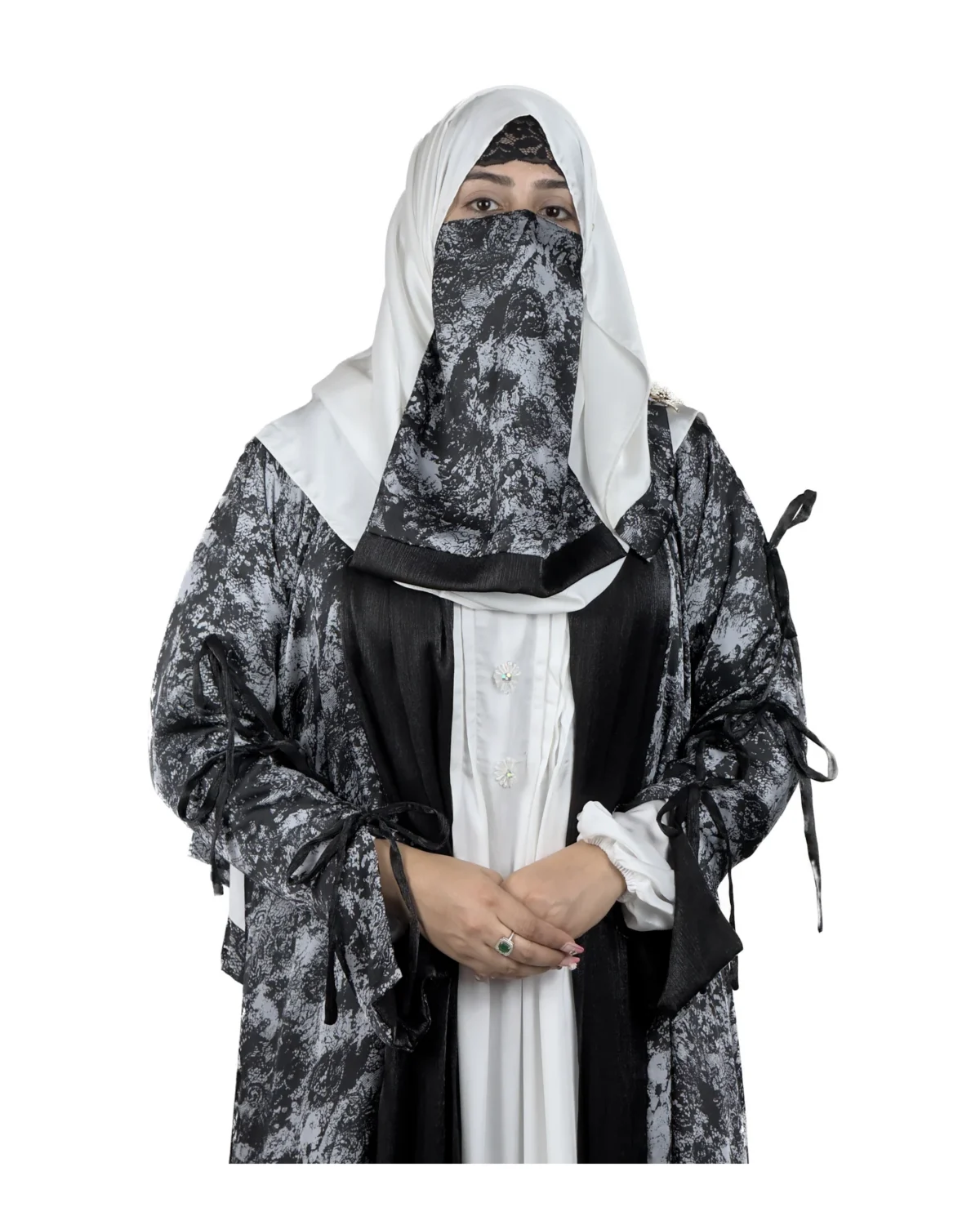 Marble Peacock black & white marble print with a white satin underlay abaya front view with marble-print open coat over a white satin slip