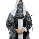 Marble Peacock black & white marble print with a white satin underlay abaya front view with marble-print open coat over a white satin slip