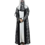 Marble Peacock black & white marble print with a white satin underlay abaya front view with marble-print open coat over a white satin slip