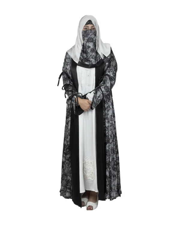 Marble Peacock black & white marble print with a white satin underlay abaya front view with marble-print open coat over a white satin slip