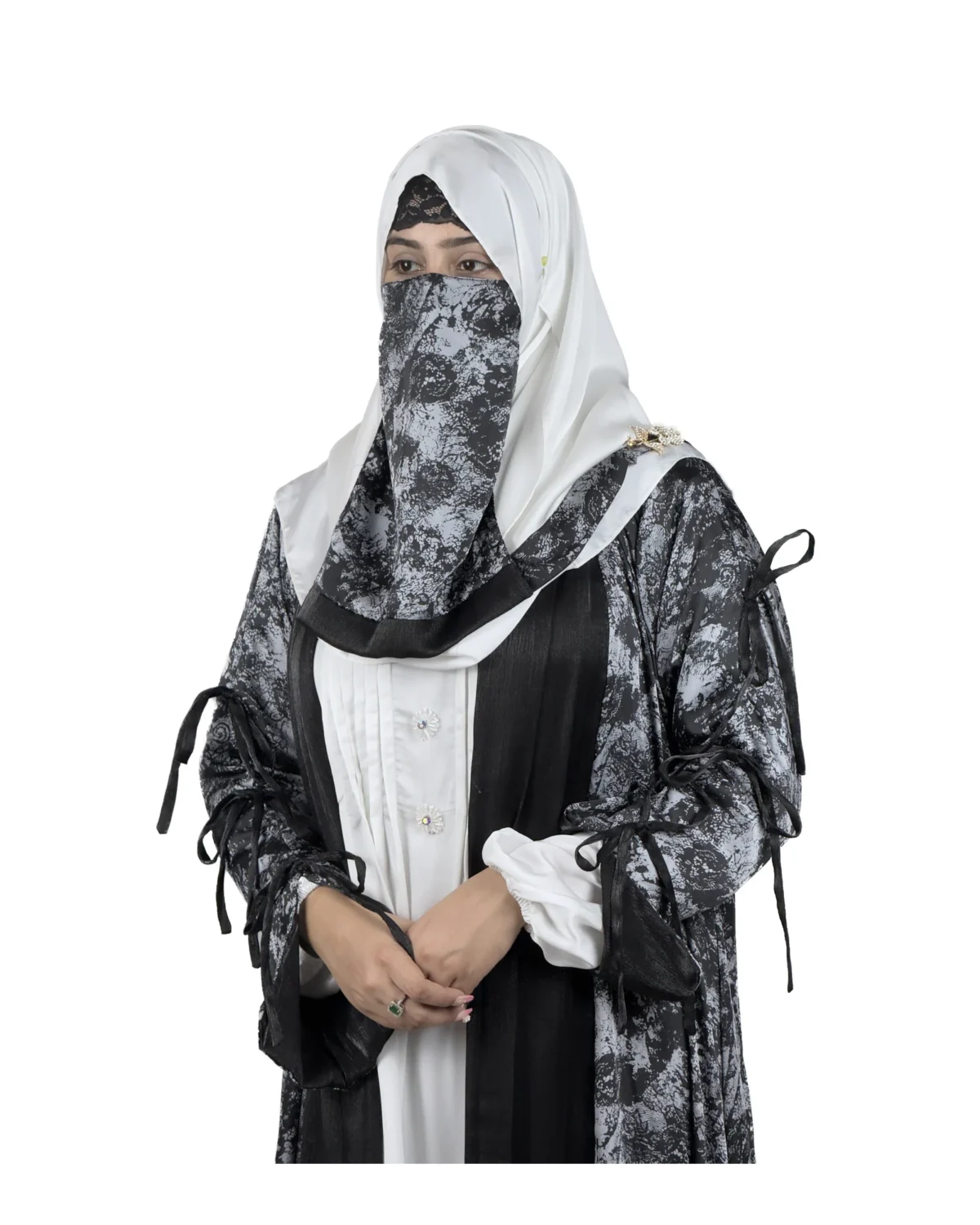 Marble Peacock black & white marble print with a white satin underlay abaya front view with marble-print open coat over a white satin slip
