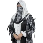 Marble Peacock black & white marble print with a white satin underlay abaya front view with marble-print open coat over a white satin slip