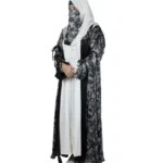 Marble Peacock black & white marble print with a white satin underlay abaya front view with marble-print open coat over a white satin slip