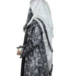 Marble Peacock black & white marble print with a white satin underlay abaya side profile view with marble-print open coat over a white satin slip