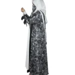 Marble Peacock black & white marble print with a white satin underlay abaya side profile view with marble-print open coat over a white satin slip