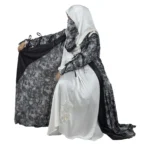 Marble Peacock black & white marble print with a white satin underlay abaya front three-quarter view with marble-print open coat over a white satin slip