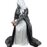Marble Peacock black & white marble print with a white satin underlay abaya front three-quarter view with marble-print open coat over a white satin slip