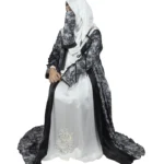 Marble Peacock black & white marble print with a white satin underlay abaya front three-quarter view with marble-print open coat over a white satin slip