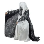 Marble Peacock black & white marble print with a white satin underlay abaya front three-quarter view with marble-print open coat over a white satin slip