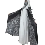 Marble Peacock black & white marble print with a white satin underlay abaya front three-quarter view with marble-print open coat over a white satin slip