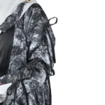 Marble Peacock black & white marble print with a white satin underlay abaya close-up of the tie-fastened sleeve cuff