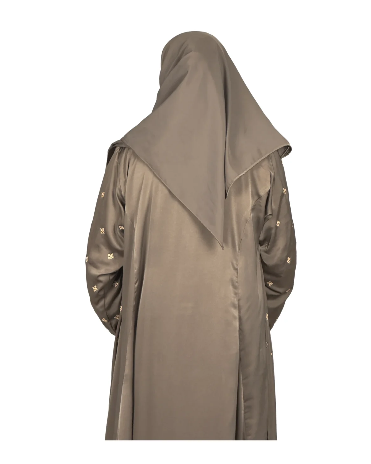 Mocha Starlight mocha / warm dark brown abaya back view with hand-embroidered cream-gold star flowers